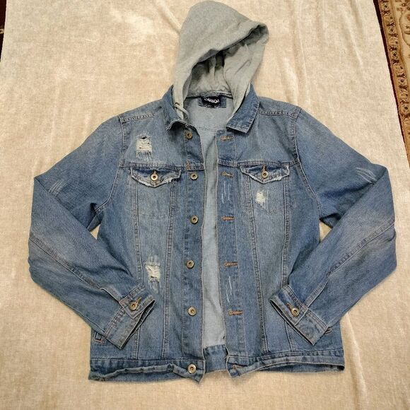Carbon Grey Hoodie Denim Button Front Distressed Jacket Size Large - Picture 1 of 8